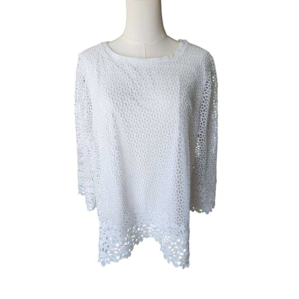 Alfred Dunner White Lace Overlay Top Long Sleeve Women Size L‎